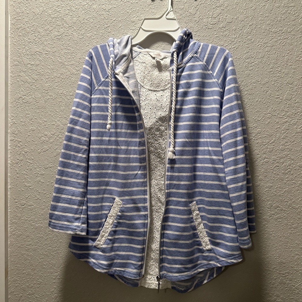 Blue and White Juniors Hoodie Jacket w Lace Details